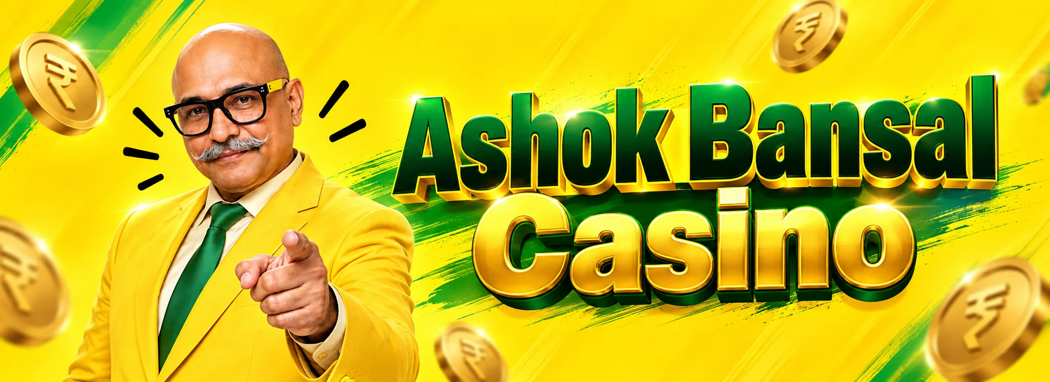 Ashok Bansal in a yellow jacket with a microphone next to the 50 free spins offer at Ashok Bansal Casino